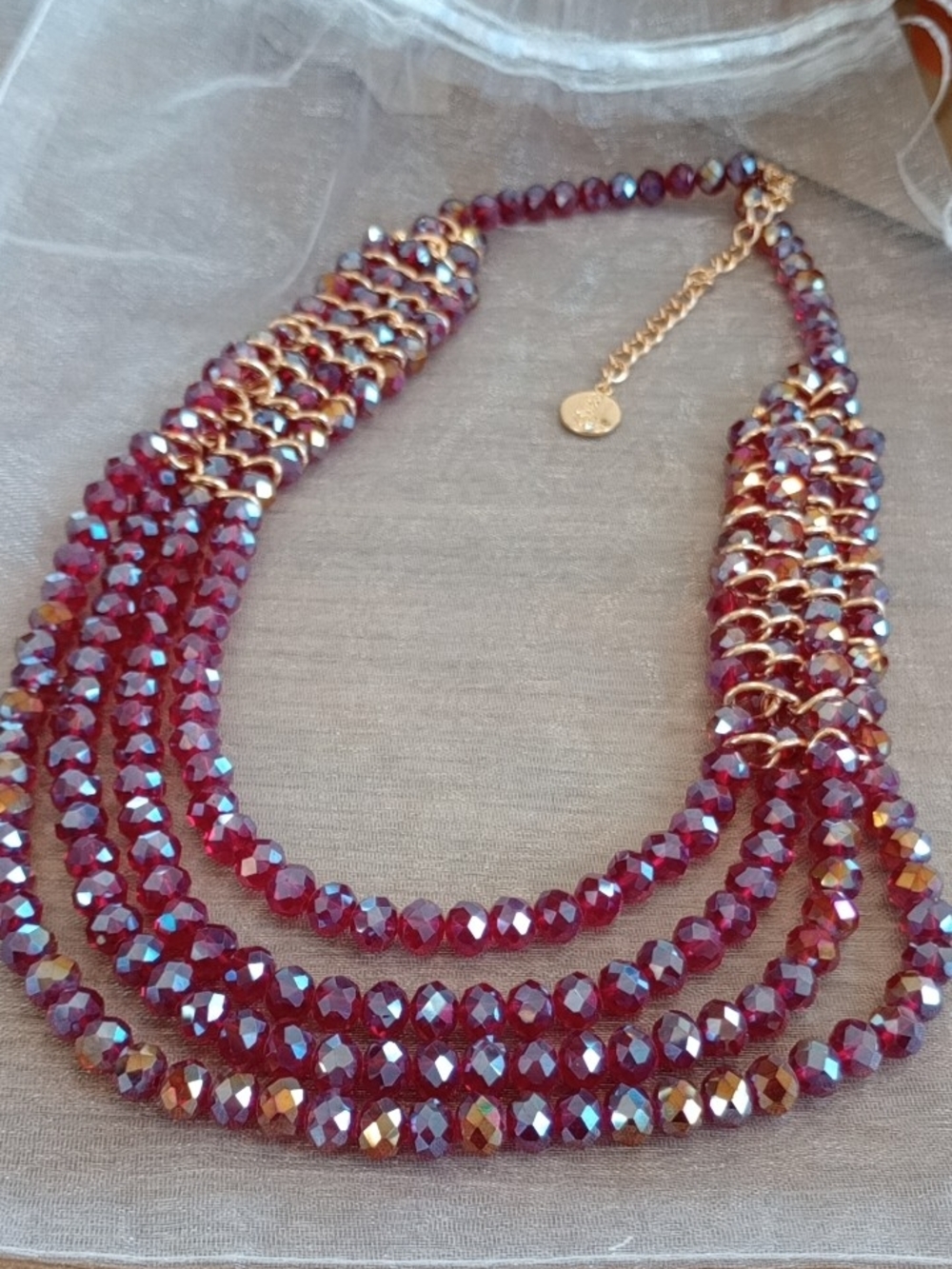 🎈🎈 Ruby Red/Gold Tone Faceted Crystal Necklace/Aurora Borealis/Necklace - Picture 12 of 12